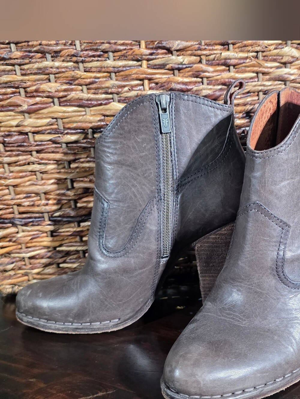Women's Dark Brown Leather Ankle Booties with Side Zip